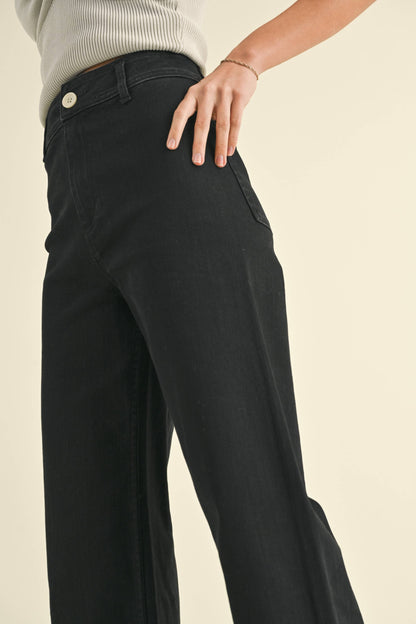 MIOU MUSE - MMP623   STRAIGHT WIDE LEG DENIM PANTS: FADE BLACK / L