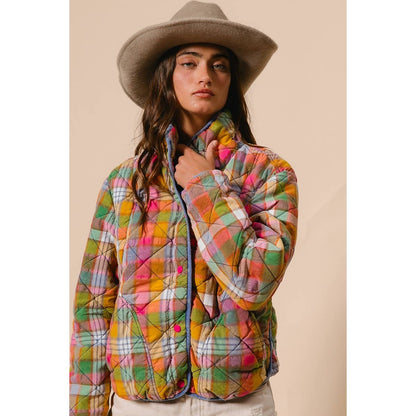 IVE - Bleached Vintage Plaid Quilted Jacket With Pockets: STAINED GLASS / S-M-L-XL(2-2-2-2)