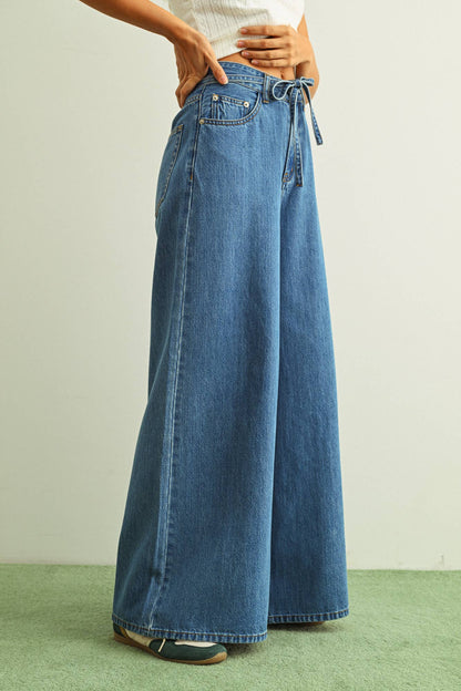 MIOU MUSE - P6402   WIDE LEG DENIM PANTS WITH SELF BELT: DENIM / M