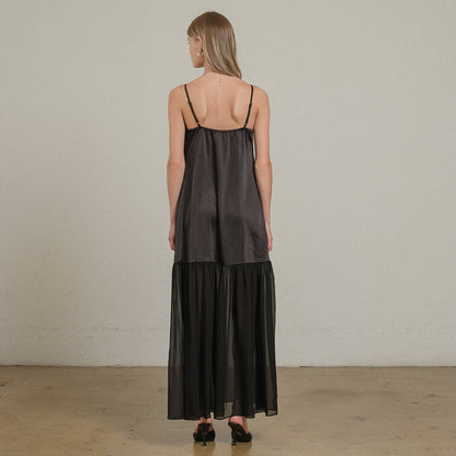 RAISONNEL - Satin Sheer Hem Maxi Slip Dress - RD1266: Black / S-M-L (3-2-1)