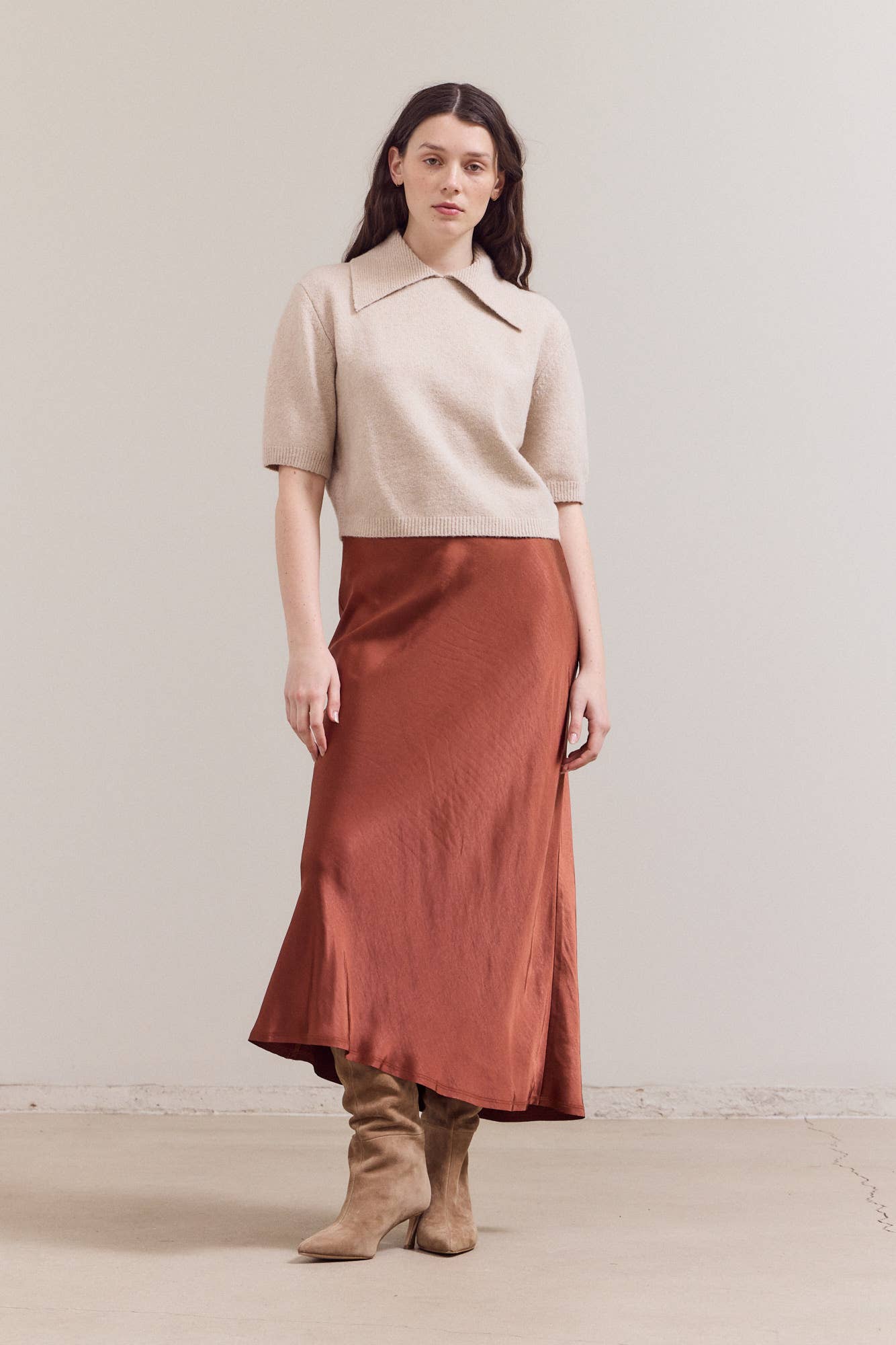 Grade & Gather - 42034 - 3/4 SHORT SLEEVE COLLAR NECK KNIT TOP: IRISH CREAM / Contemporary / MEDIUM