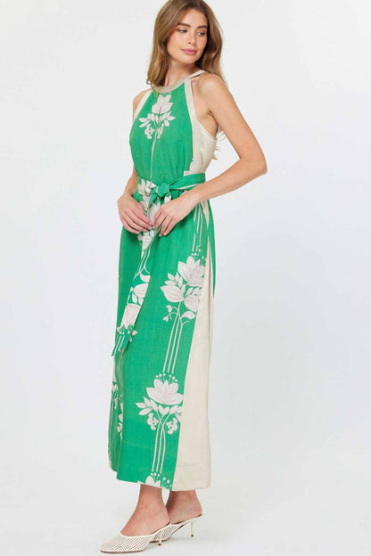 Current Air - Floral Print Halter Neck Midi Dress: JADE GREEN MLT / XS