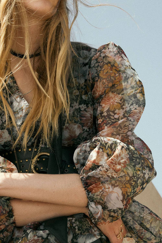 Promesa USA - Floral-Print Organza Puff-Sleeve Peplum Top: BLACK / M