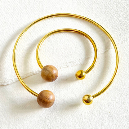 Bisjoux - Wood brass bangle cuff bracelet modern runway designer: 1 wood sphere