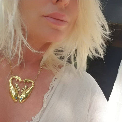 Bisjoux - Brass double fish  heart aquamarine pendant Necklace