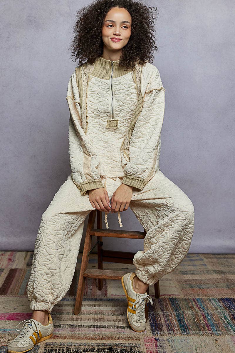 Pol Clothing - Long sleeve solid stitch edge quilted woven hoodie top: CHARCOAL / L