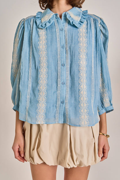 English Factory - Embroidered Ruffle Collar Blouse: POWDER BLUE/NATURAL / L