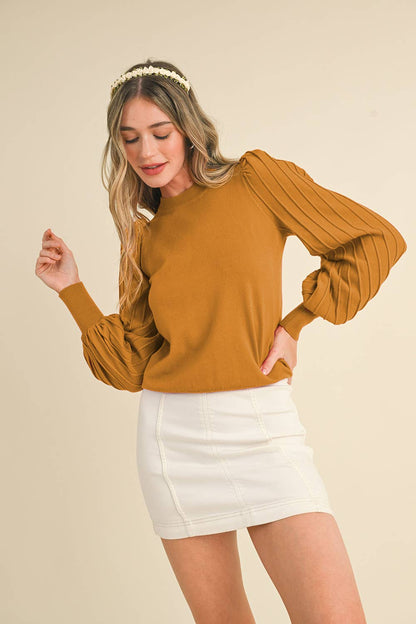 &MERCI - STRIPE TEXTURE PUFF SLEEVE SWEATER MSW9485: ROSEMARY GREEN / L