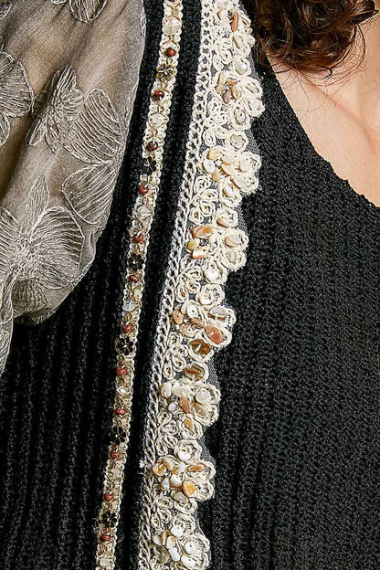 Pol Clothing - Balloon Sleeve bead Trim Point Acrylic Sweater Top : Black / M