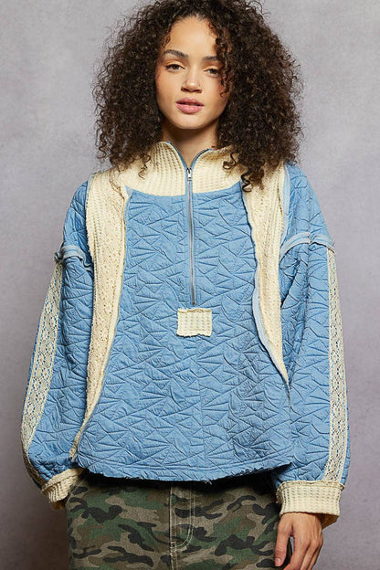 Pol Clothing - Long sleeve solid stitch edge quilted woven hoodie top: CHARCOAL / S