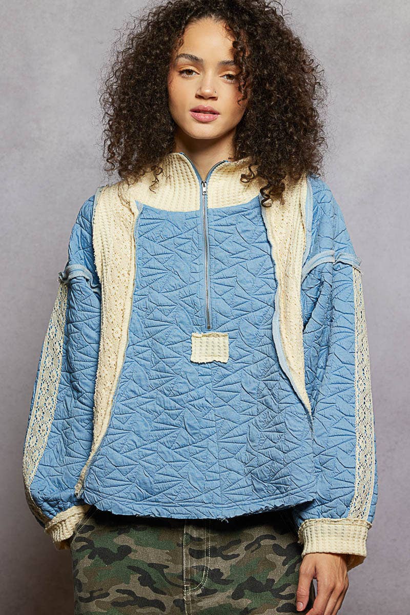 Pol Clothing - Long sleeve solid stitch edge quilted woven hoodie top: CHARCOAL / L