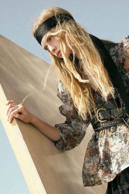 Promesa USA - Floral-Print Organza Puff-Sleeve Peplum Top: BLACK / M