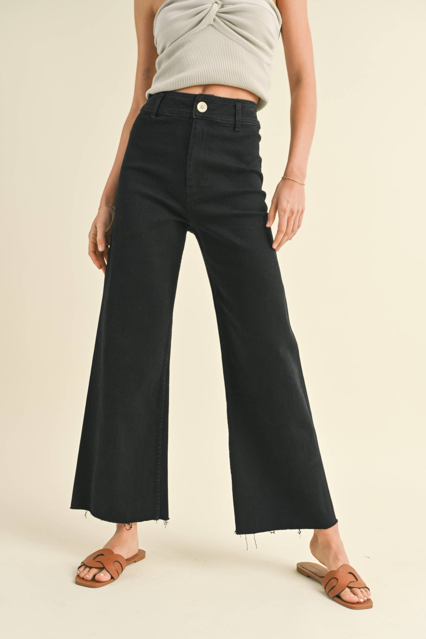 MIOU MUSE - MMP623   STRAIGHT WIDE LEG DENIM PANTS: FADE BLACK / L