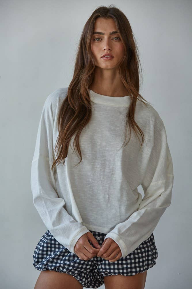 By Together - L8748 | Knit Cotton Mock Neck Long Wide Sleeve Top: Off White / M