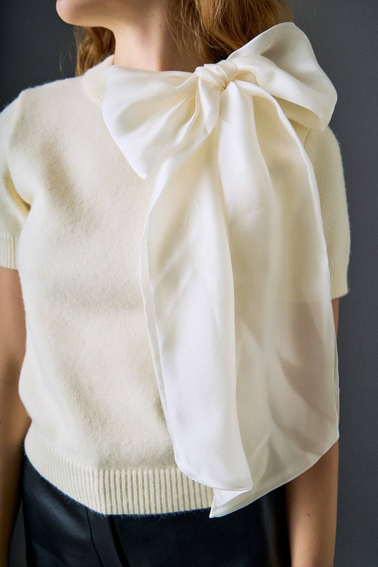 English Factory - Bow Accent Puff Sleeve Knit Top: CREAM / XS