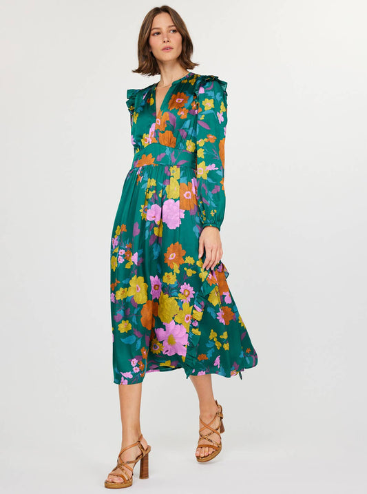 Current Air - Floral Printed Ruffled Midi Dress: Green Floral / M