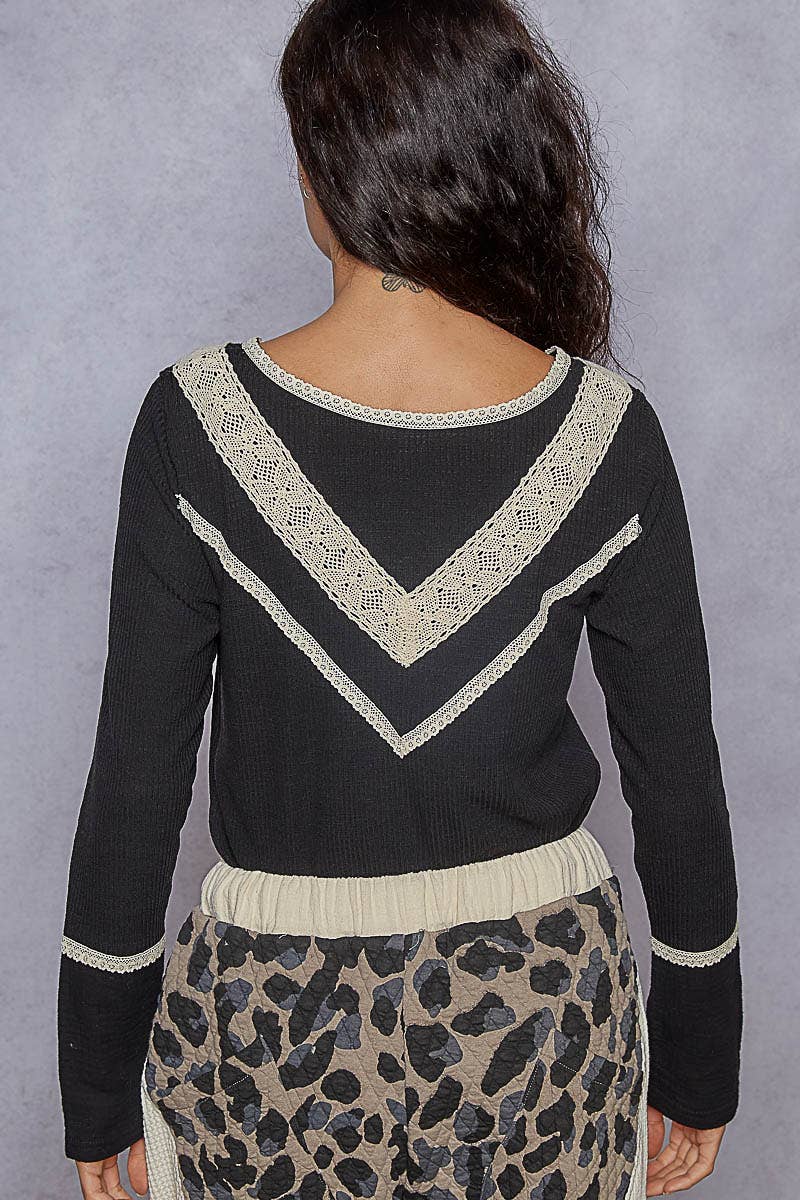 Pol Clothing - Long sleeve double gauze solid knit rib top: Black / M