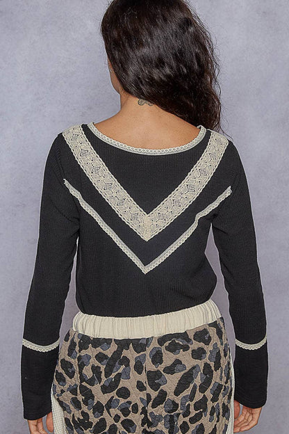 Pol Clothing - Long sleeve double gauze solid knit rib top: Black / M