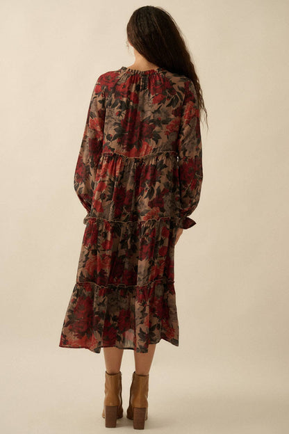Promesa USA - Floral-Print Tiered Ruffle Long-Sleeve Midi Dress: SAND / L