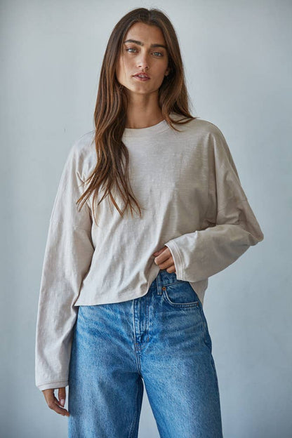By Together - L8748 | Knit Cotton Mock Neck Long Wide Sleeve Top: Off White / S