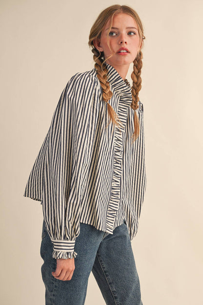 &MERCI - STRIPED RUFFLED BUTTON DOWN LONG SLEEVE TOP MTP4319: Denim Blue Stripe / L
