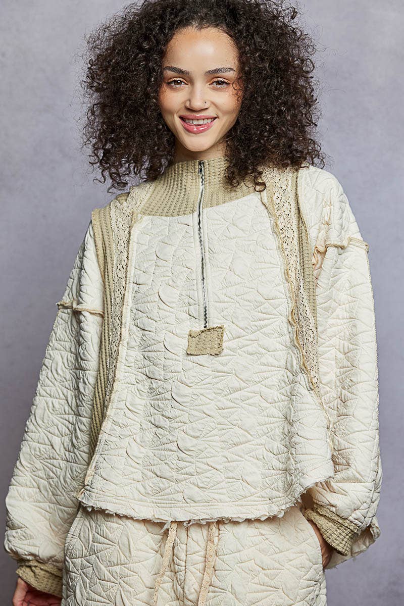 Pol Clothing - Long sleeve solid stitch edge quilted woven hoodie top: CHARCOAL / S