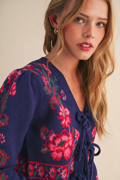 &MERCI - FLORAL KNIT TIE-FRONT CROPPED SWEATER CARDIGAN MSW11133: Brick Red Floral / M