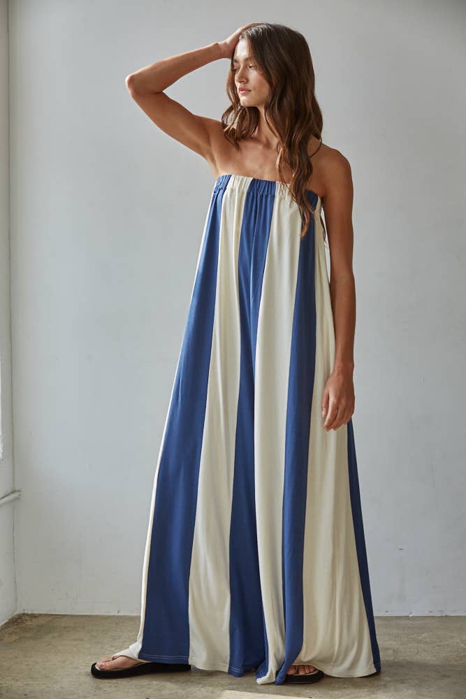 By Together - L9308 | Knit Viscose Spandex Striped Tube Wide Leg Jumpsuit: Black Cream / M