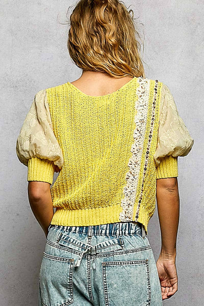 Pol Clothing - Balloon Sleeve bead Trim Point Acrylic Sweater Top : Black / M
