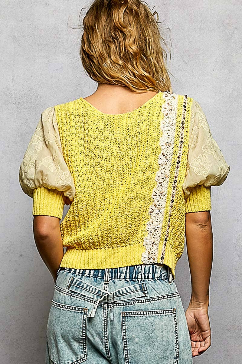 Pol Clothing - Balloon Sleeve bead Trim Point Acrylic Sweater Top : Black / S