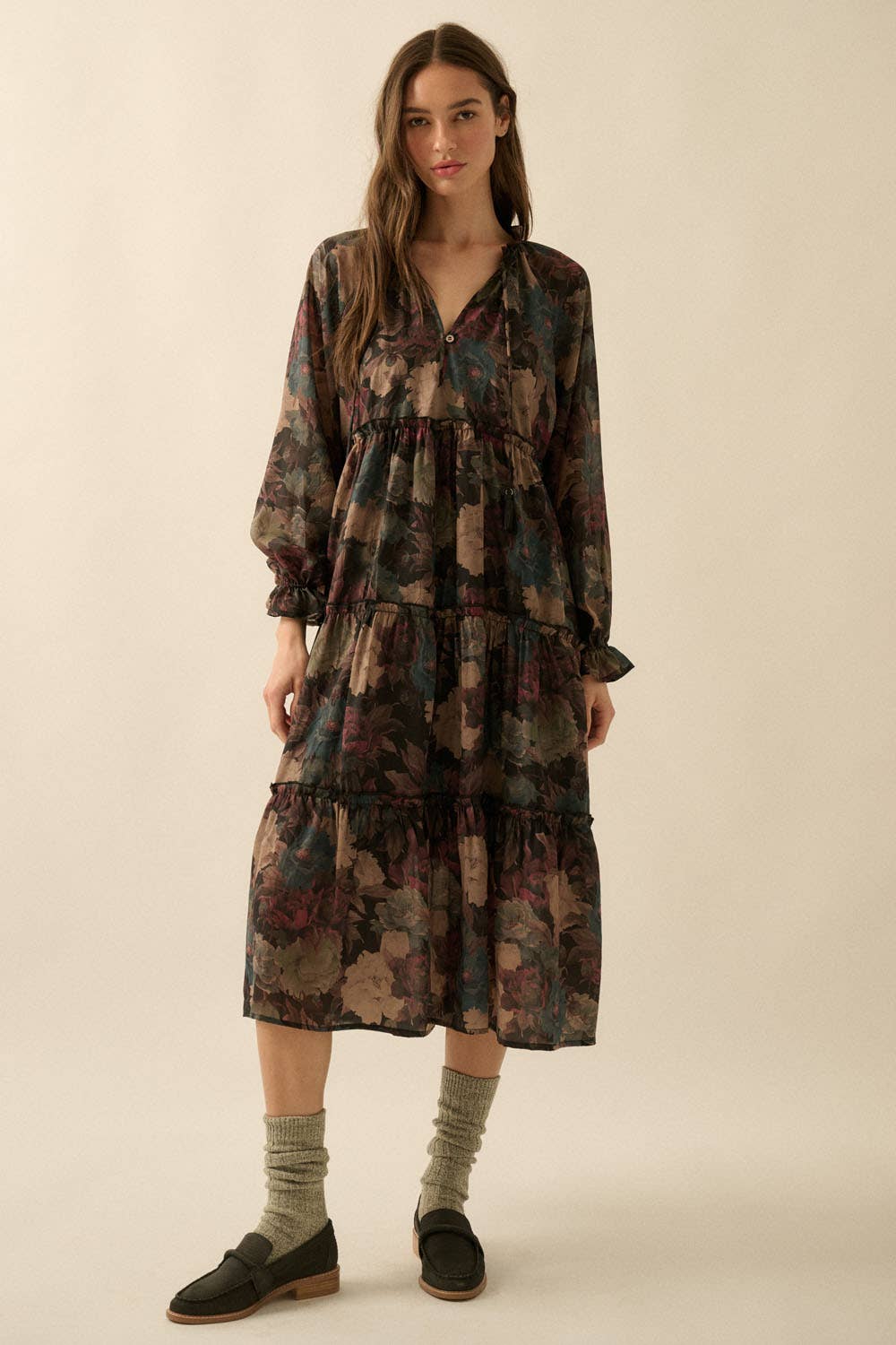 Promesa USA - Floral-Print Tiered Ruffle Long-Sleeve Midi Dress: SAND / L