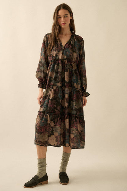 Promesa USA - Floral-Print Tiered Ruffle Long-Sleeve Midi Dress: SAND / L