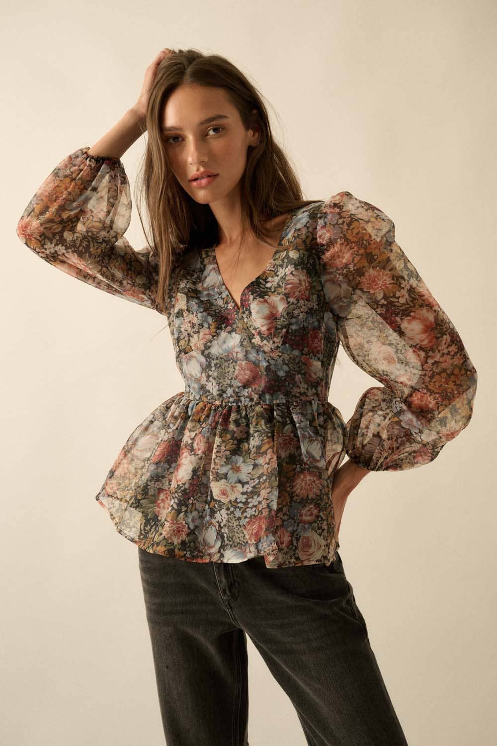 Promesa USA - Floral-Print Organza Puff-Sleeve Peplum Top: BLACK / L
