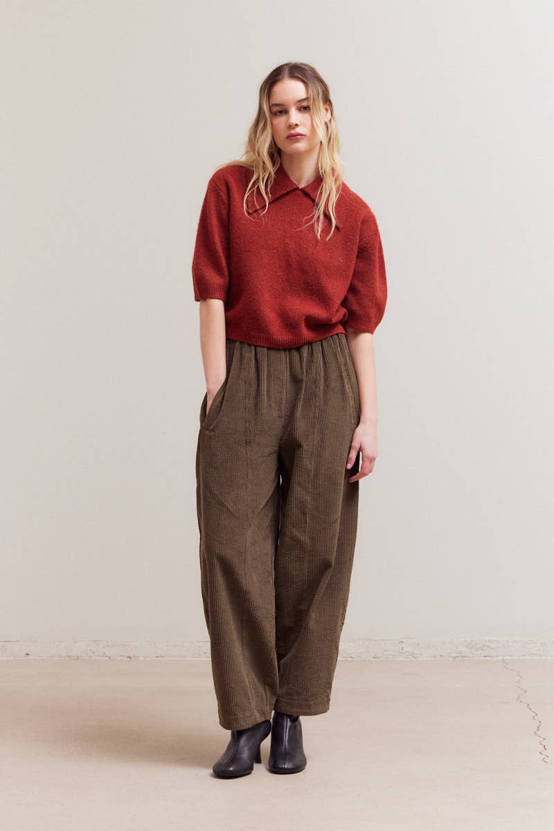 Grade & Gather - 42034 - 3/4 SHORT SLEEVE COLLAR NECK KNIT TOP: CITRON / Contemporary / SMALL