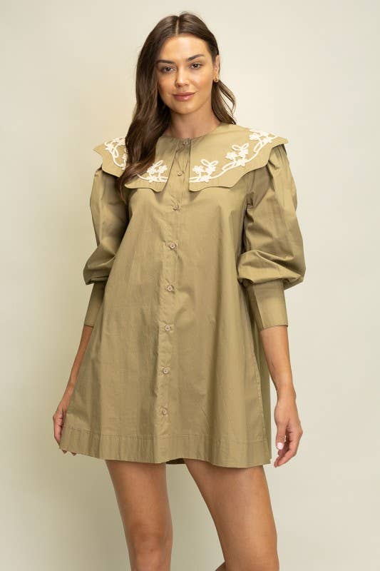 Heyson - JOD1227 Embroidered Collar Puff Sleeve Shirt Dress: PLUM / S-M-L (2-2-2)