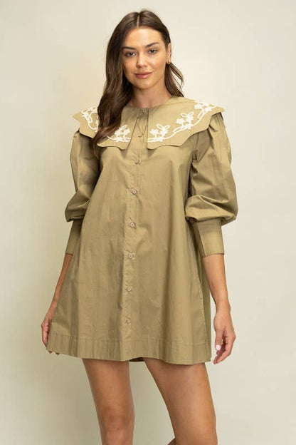 Heyson - JOD1227 Embroidered Collar Puff Sleeve Shirt Dress: PLUM / S-M-L (2-2-2)