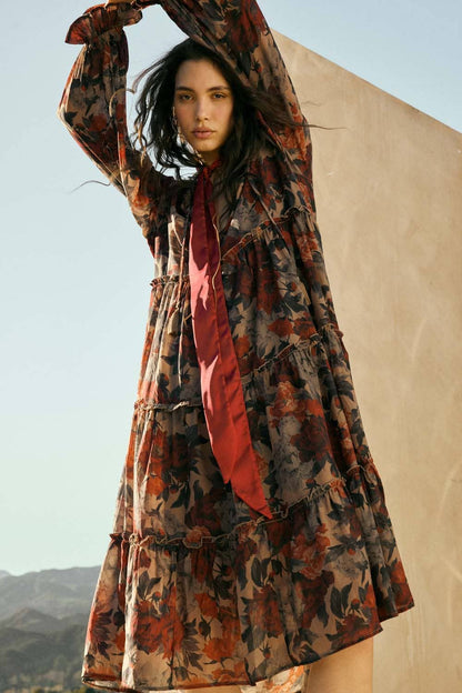 Promesa USA - Floral-Print Tiered Ruffle Long-Sleeve Midi Dress: SAND / S