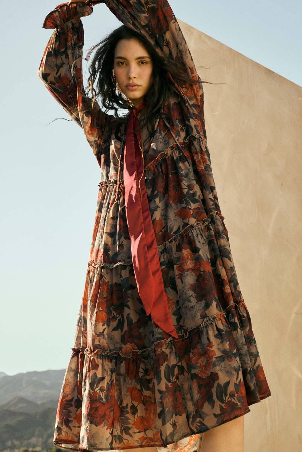 Promesa USA - Floral-Print Tiered Ruffle Long-Sleeve Midi Dress: SAND / L