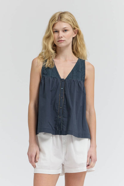 Grade & Gather - 42218 - V-NECK EYELET TANK: ATLANTIC / Contemporary / MEDIUM