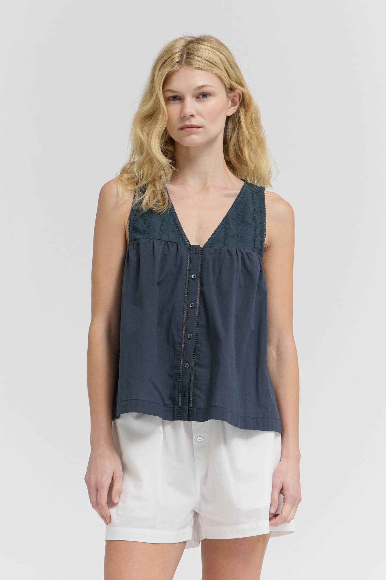 Grade & Gather - 42218 - V-NECK EYELET TANK: ATLANTIC / Contemporary / LARGE