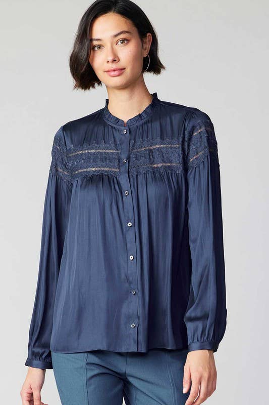 Current Air - Lace Detailed Button Down Blouse: Slate Navy / XS