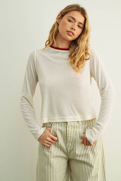 MIOU MUSE - ET7016   ESSENTIAL RINGER LONG SLEEVE TOP: CREAM/NAVY / M
