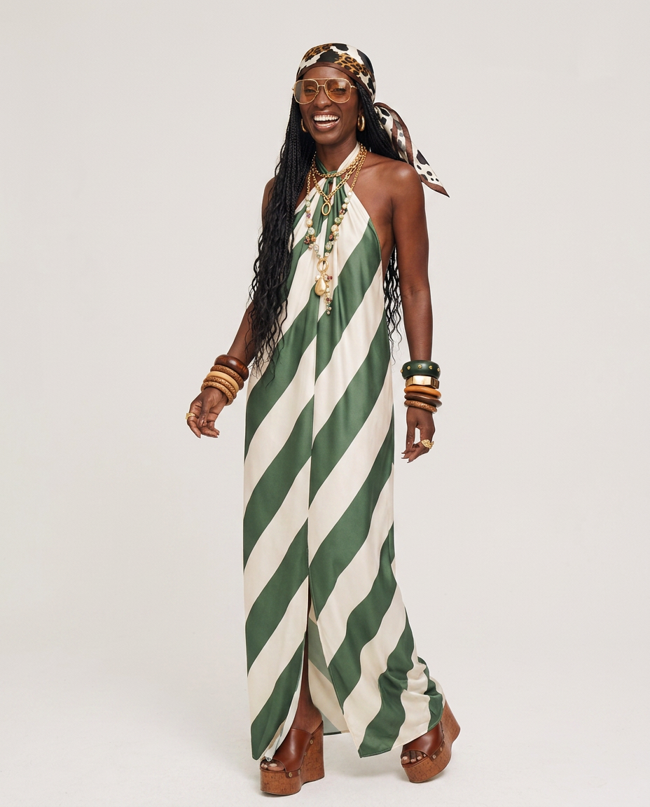 Boho Brown - Liberated Striped Halter Maxi Dress: Green / M