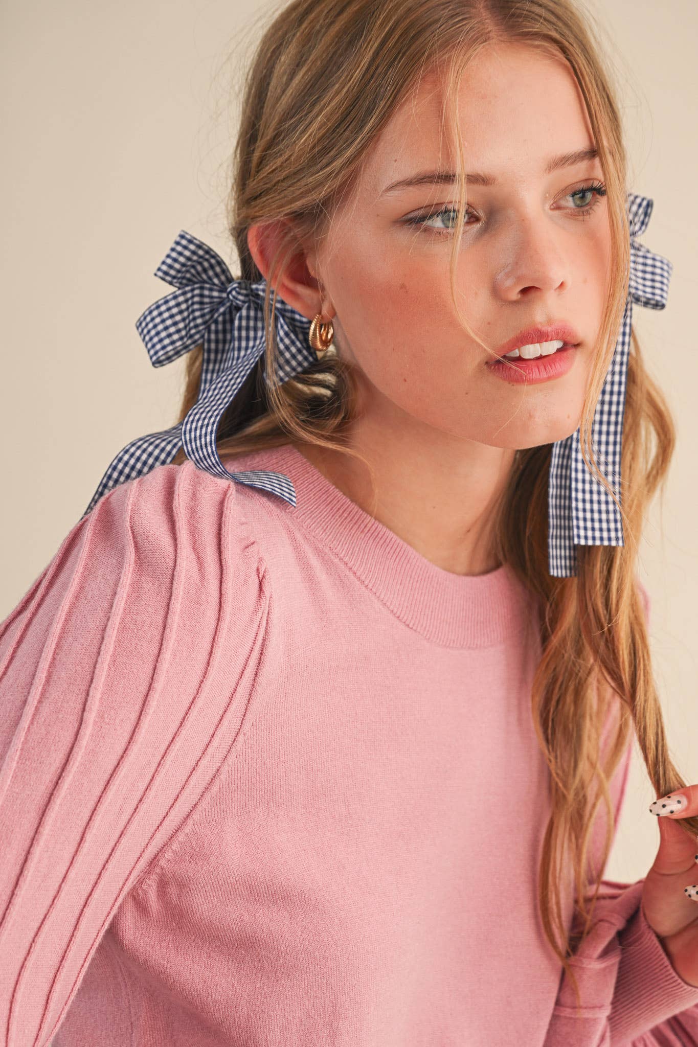 &MERCI - STRIPE TEXTURE PUFF SLEEVE SWEATER MSW9485: ROSEMARY GREEN / M