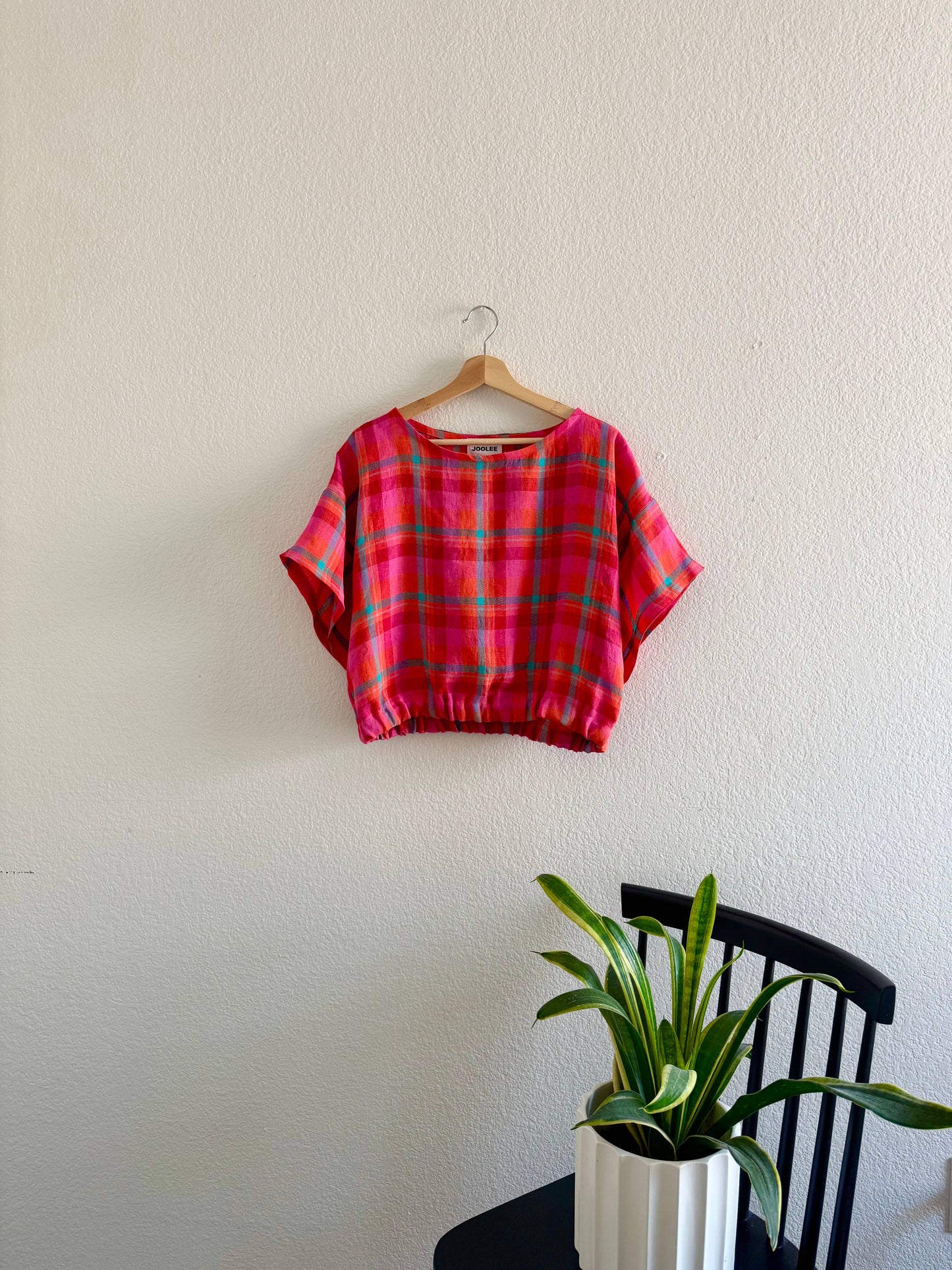 Joolee - Pink check linen top: S
