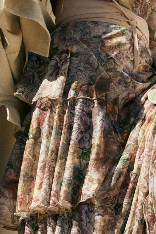 Promesa USA - Floral-Print Mesh Tiered Side-Ruffle Maxi Skirt: SAND / L