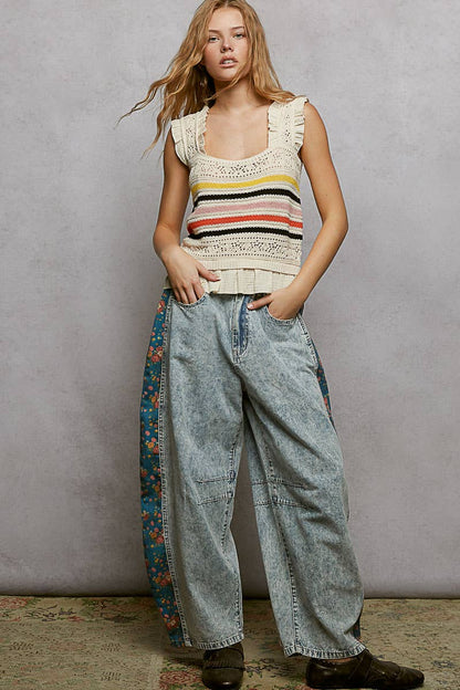 Pol Clothing - Sleeveless Striped Ruffle Cropped Thin Sweater Knit Top: NATURAL / L