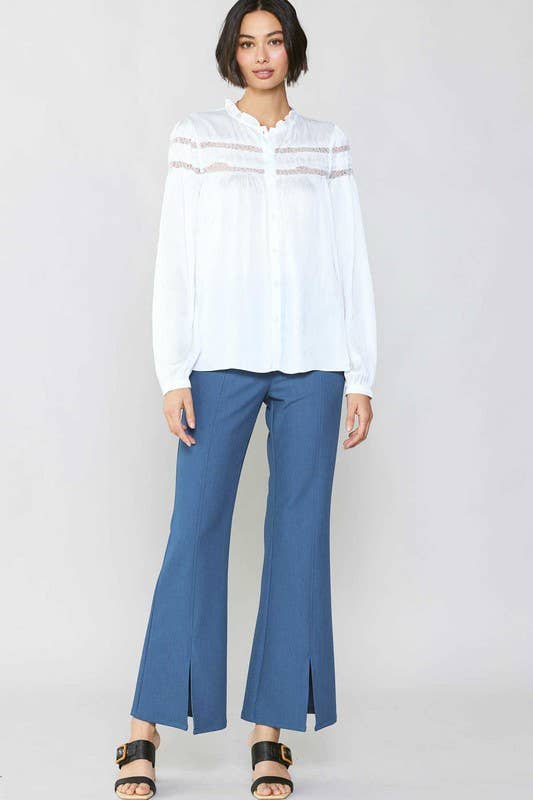 Current Air - Lace Detailed Button Down Blouse: Slate Navy / XS