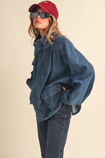 &MERCI - DENIM STAND COLLAR UTILITY JACKET MJK5157: DARK VINTAGE BLUE / S