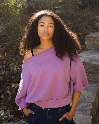 US Blanks - Off the Shoulder Boat Neck Raw Edge - Cotton Twill Fleece: Iris / M